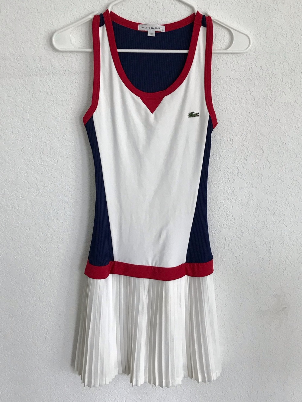 Lacoste White Navy and Red Sleeveless Pleated Tennis Dress